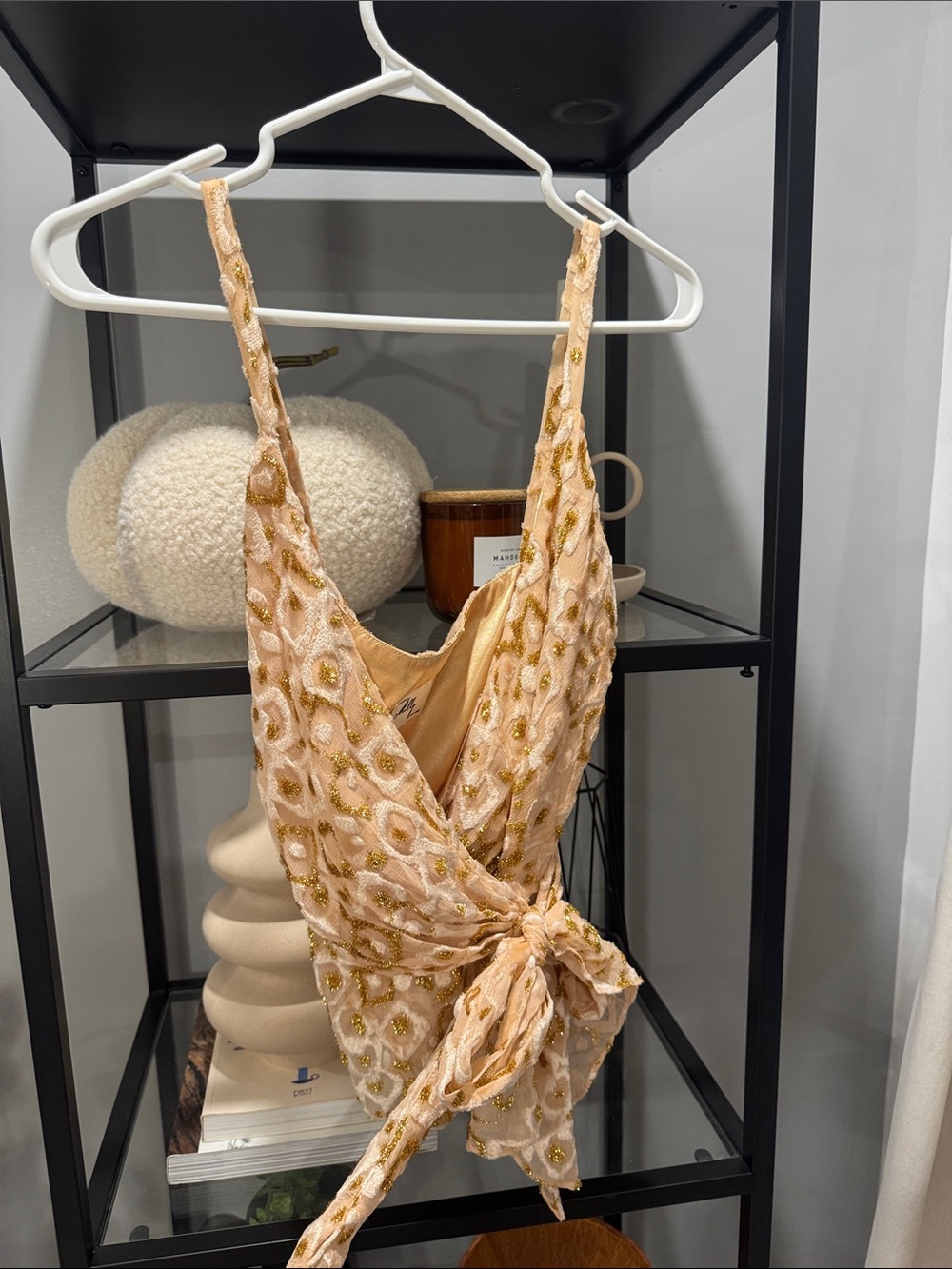 241.Sleeveless Peach Beaded Wrap Top